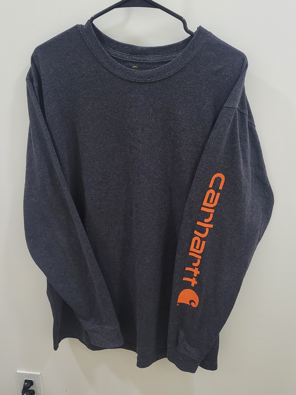 Carhartt Dark Gray Long-Sleeve Tee with Orange Sleeve Logo Mens L